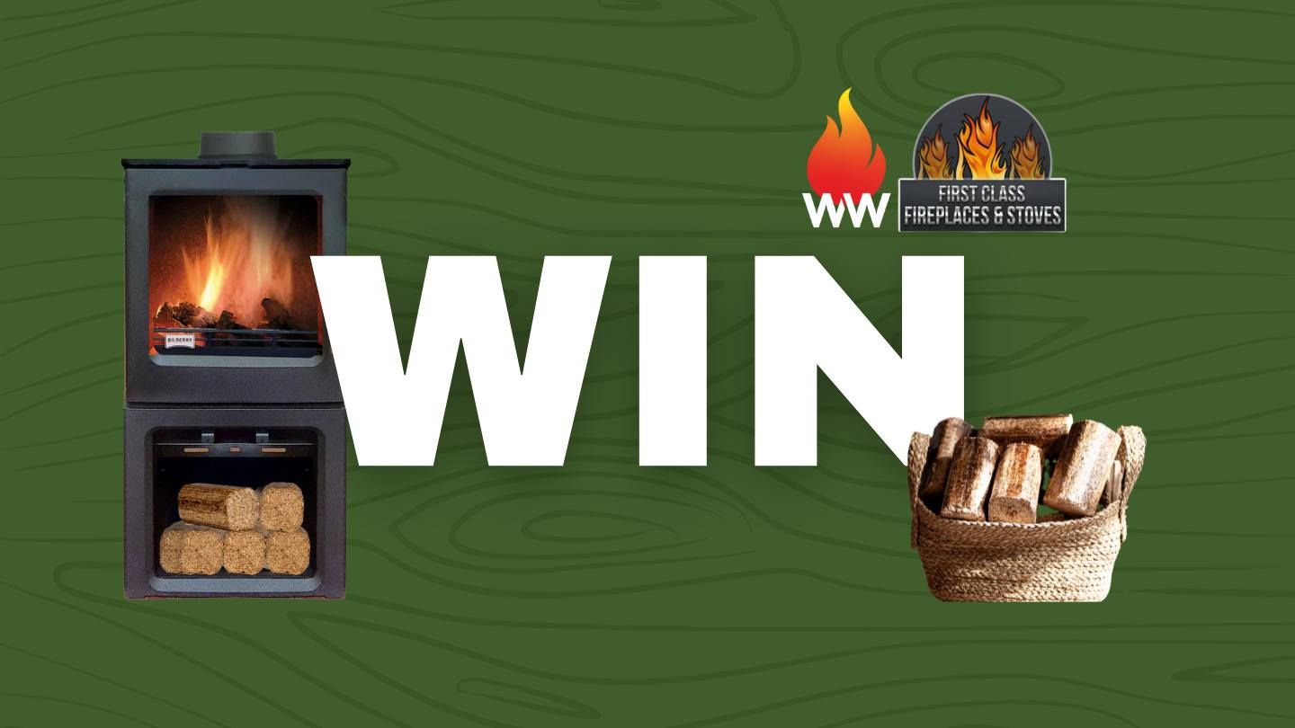 A stove and WillowWarm briquettes with the WW logo and the First Class Fireplaces logo and the word WIN