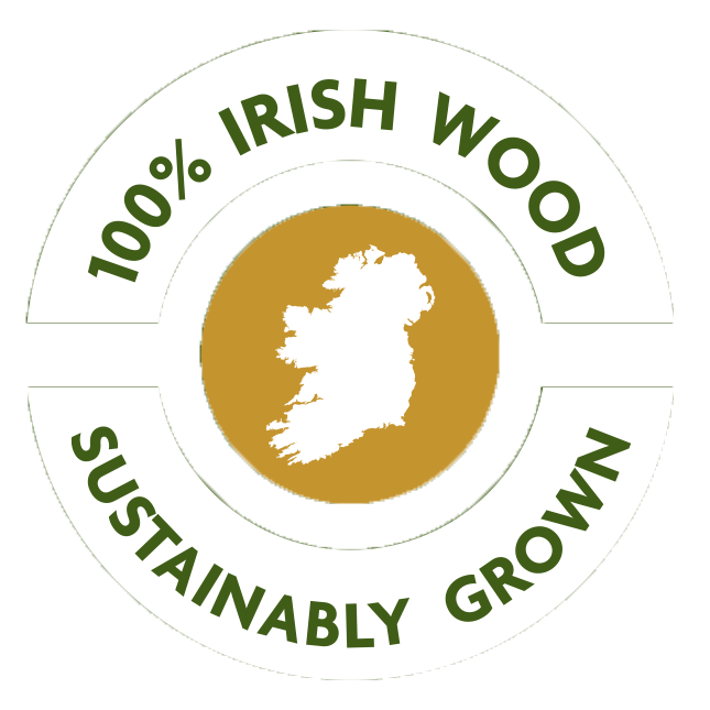 Circle with an white map of Ireland and an outer circle with the words 100% Irish wood and Sustainably grown