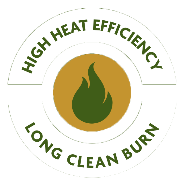 Circle with a green image of a flame. An outer circle with the words High heat efficiency and long, clean burn circular badge