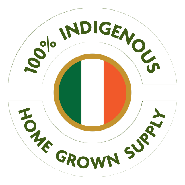 Circle image with an Irish flag in the centre and the words around the edges stating 100% indigenous, home grown supply circular badge