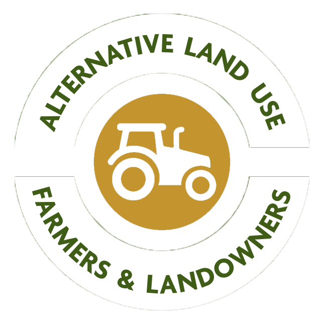 Circle image with a tractor in the centre and the words around the edges stating Alternative land use, Farmers & Land owners circular badge