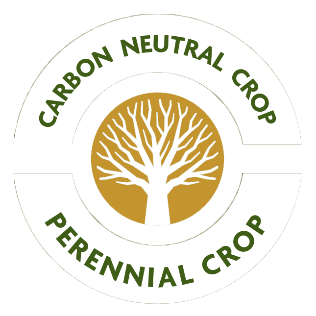 Circle image with a tree in the centre and the words around the edges stating Carbon neutral crop, Preennial crop circular badge