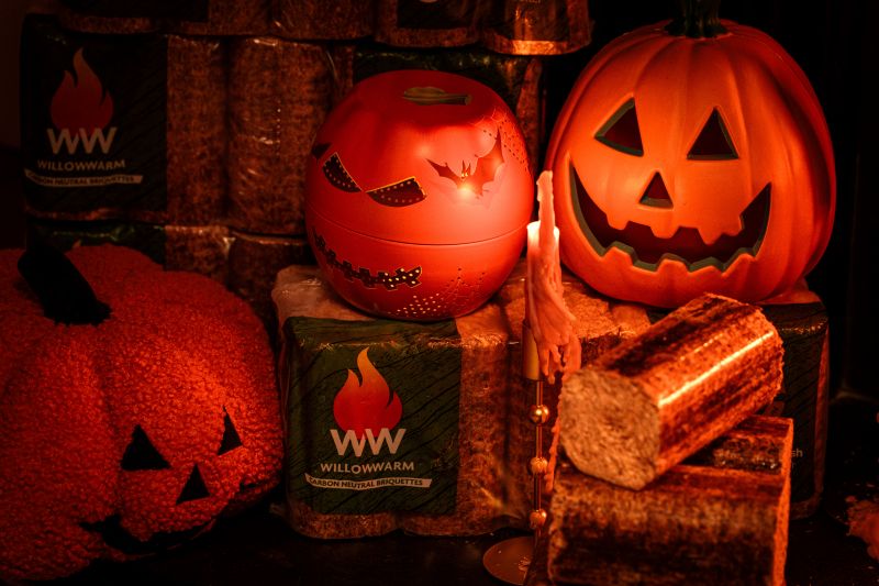 WillowWarm fire Briquettes. Cozy night in this Halloween. Lots of Pumpkins. Halloween Movie Night.