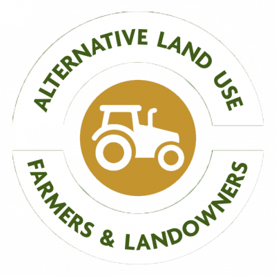 Circle image with a tractor in the centre and the words around the edges stating Alternative land use, Farmers & Land owners circular badge