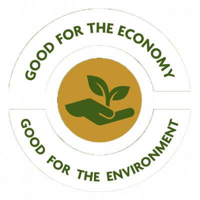 Circle image with a plant in the centre and the words around the edges stating Good for the economy, Good for the environment circular badge