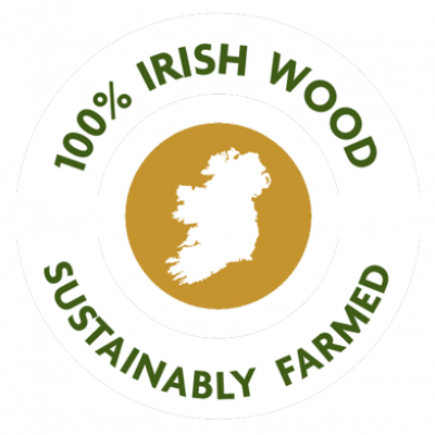 WillowWarm circular image with a white map of Ireland and the words 100% Irish Wood sustainably farmed